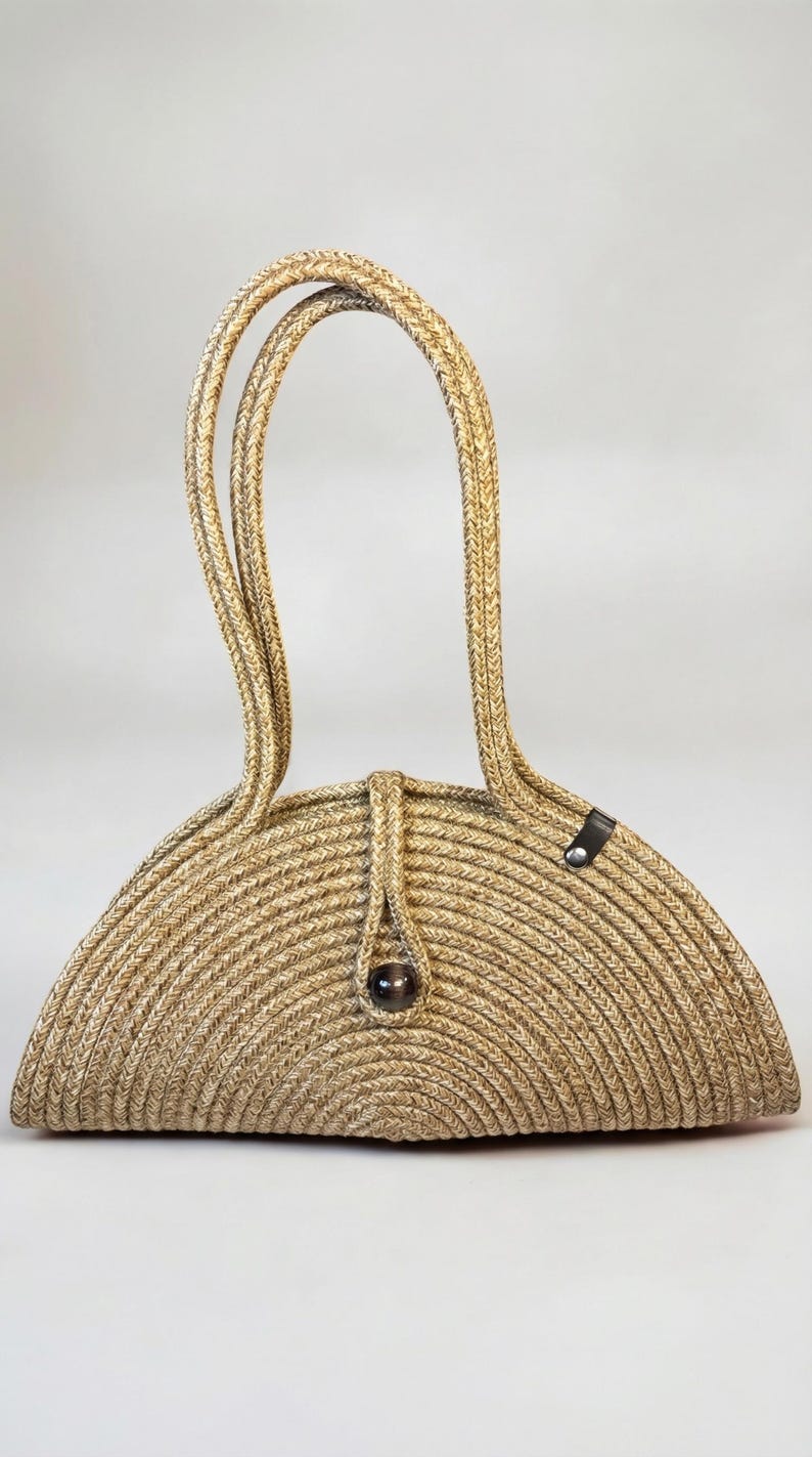 Straw Look Shoulder Bag with Wooden Beads, Woven Boho Handbag