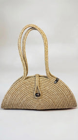 Straw Look Shoulder Bag with Wooden Beads, Woven Boho Handbag