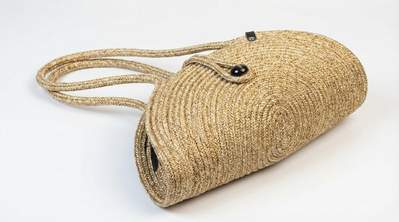 Straw Look Shoulder Bag with Wooden Beads, Woven Boho Handbag