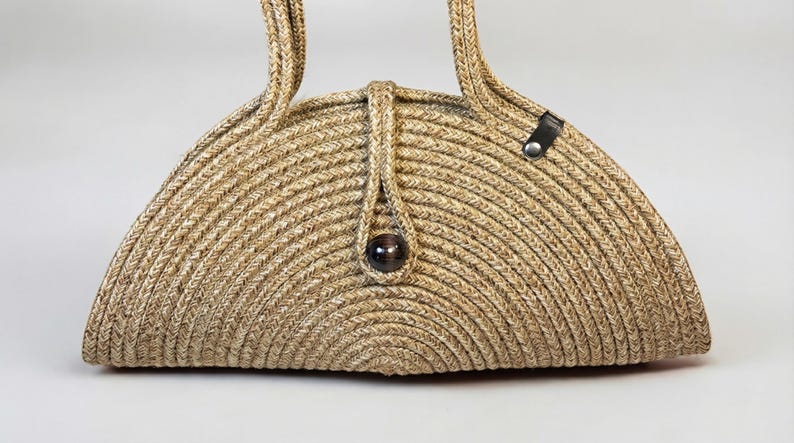 Straw Look Shoulder Bag with Wooden Beads, Woven Boho Handbag