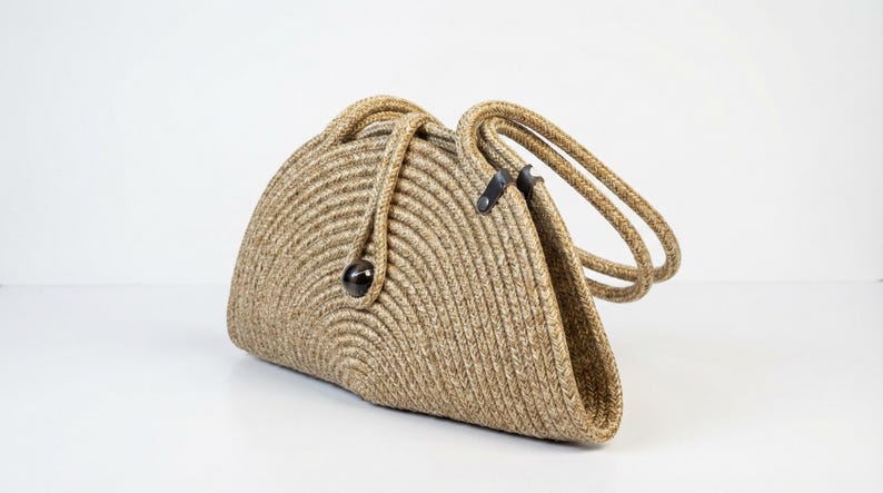Straw Look Shoulder Bag with Wooden Beads, Woven Boho Handbag