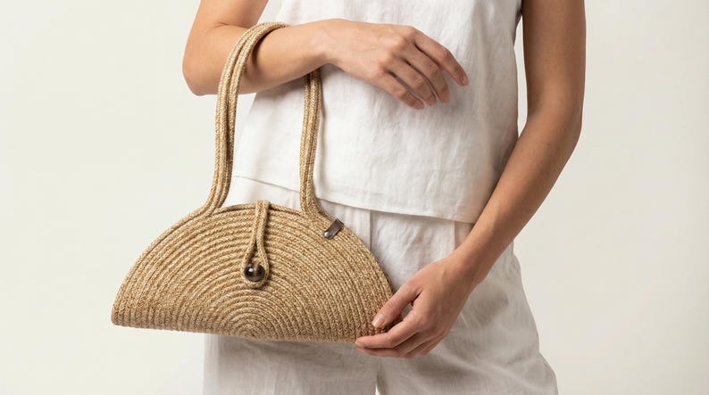 Straw Look Shoulder Bag with Wooden Beads, Woven Boho Handbag