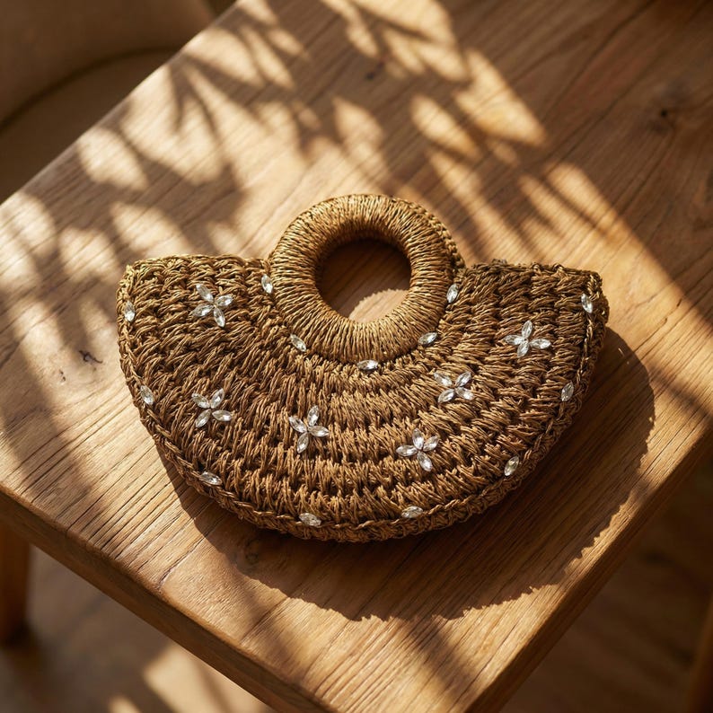 Embellished Half Moon Straw Bag with Rhinestone Flowers Small Woven Summer Handbag