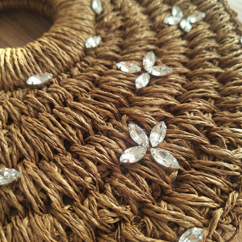 Embellished Half Moon Straw Bag with Rhinestone Flowers Small Woven Summer Handbag