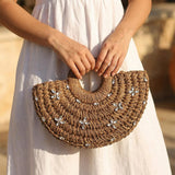 Embellished Half Moon Straw Bag with Rhinestone Flowers Small Woven Summer Handbag