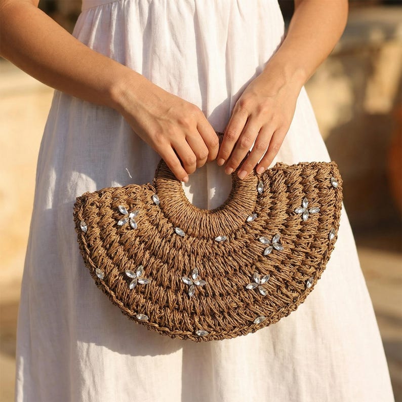 Embellished Half Moon Straw Bag with Rhinestone Flowers Small Woven Summer Handbag