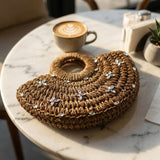 Embellished Half Moon Straw Bag with Rhinestone Flowers Small Woven Summer Handbag