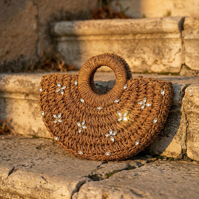 Embellished Half Moon Straw Bag with Rhinestone Flowers Small Woven Summer Handbag