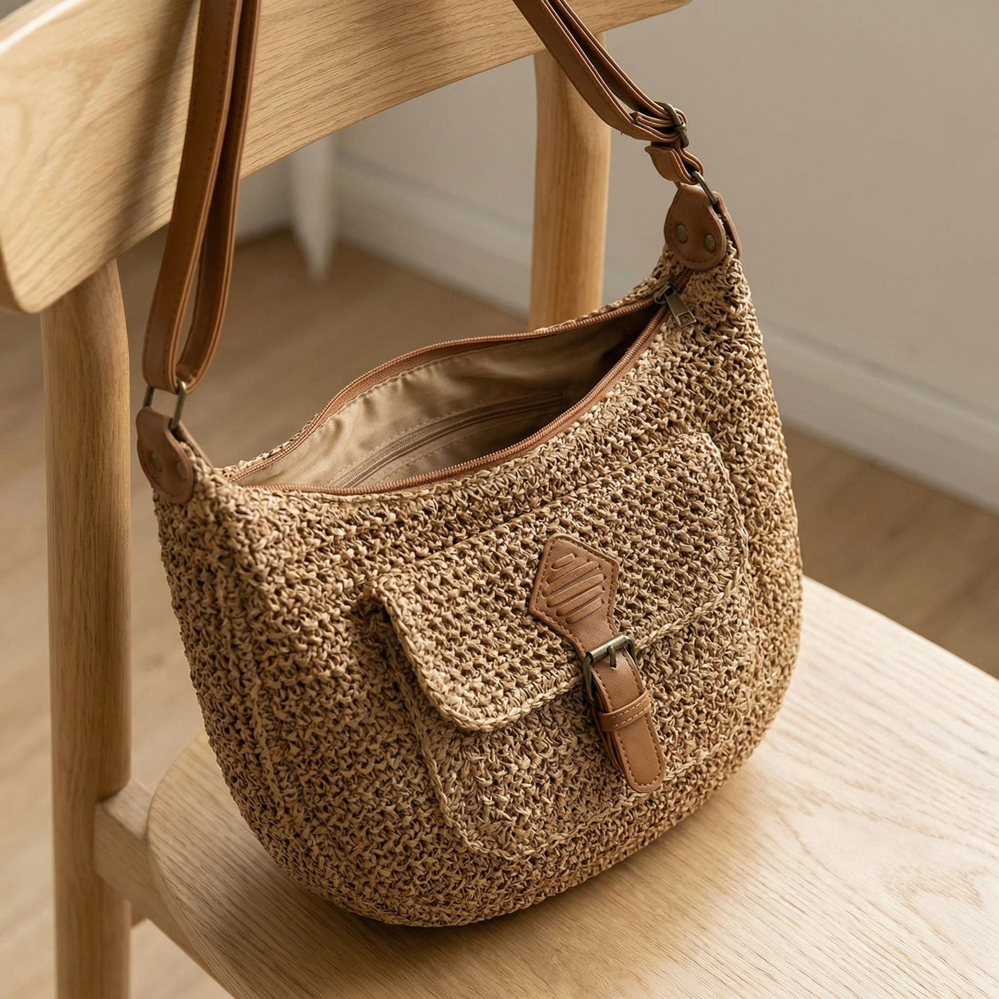 Woven Straw Shoulder Bag with Zipper Pocket, Brown Knit Finish