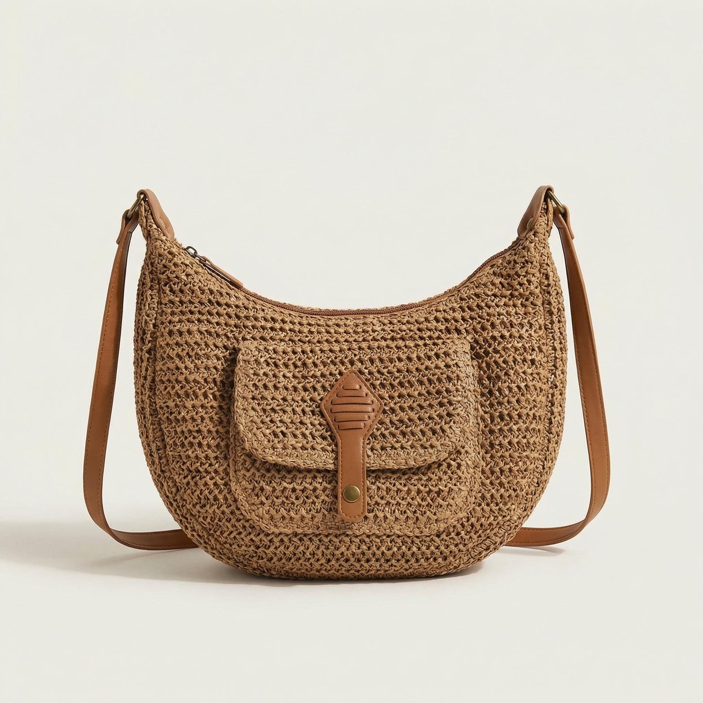 Woven Straw Shoulder Bag with Zipper Pocket, Brown Knit Finish