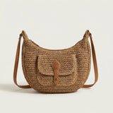 Woven Straw Shoulder Bag with Zipper Pocket, Brown Knit Finish