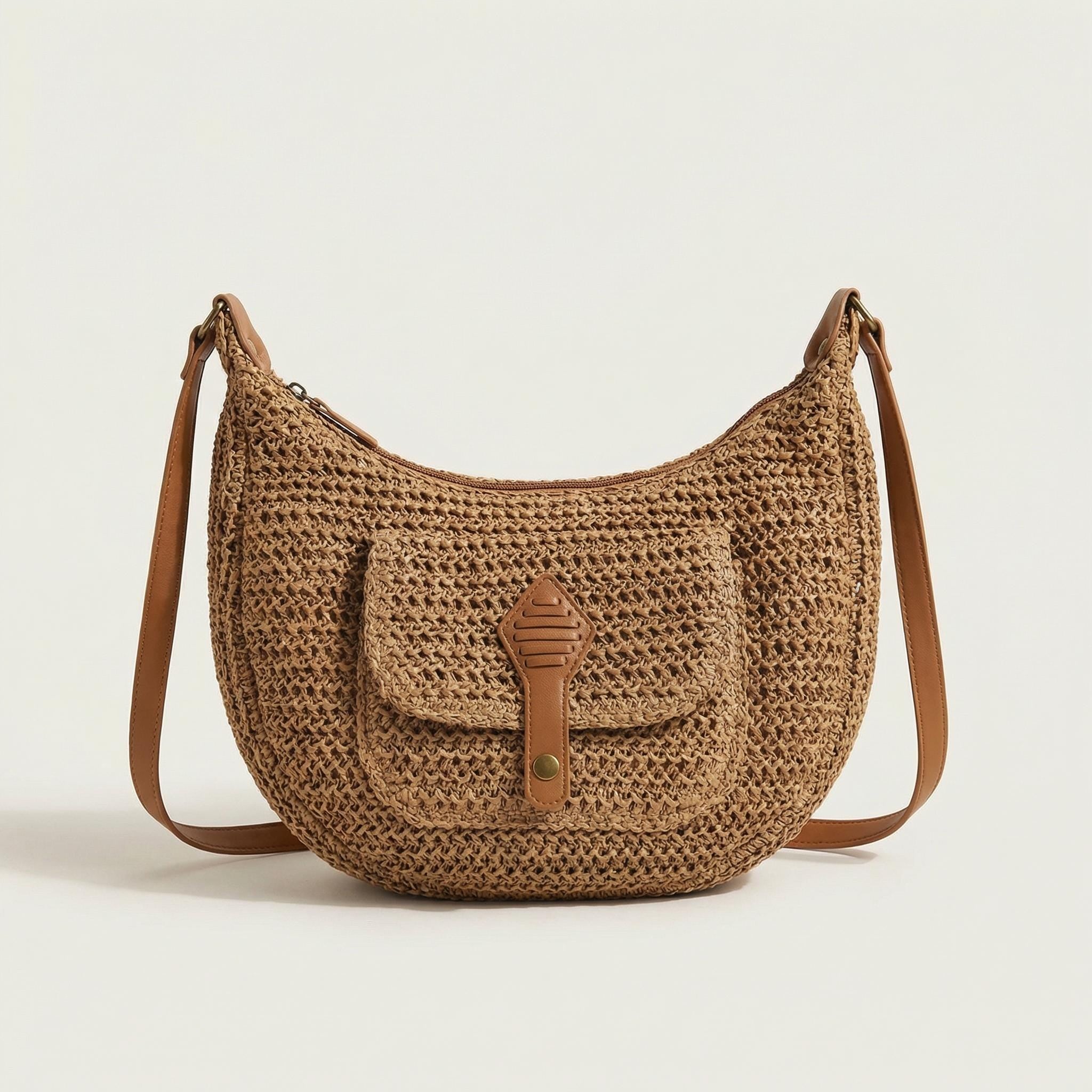 Woven Straw Shoulder Bag with Zipper Pocket, Brown Knit Finish
