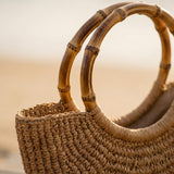 Half Moon Straw Bag with Bamboo Handle, Brown Woven Boho Mini Handbag