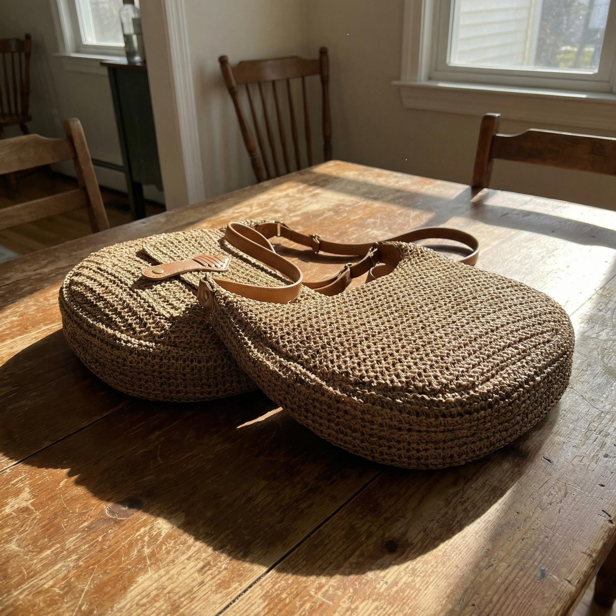 Woven Straw Shoulder Bag with Zipper Pocket, Brown Knit Finish
