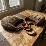 Woven Straw Shoulder Bag with Zipper Pocket, Brown Knit Finish