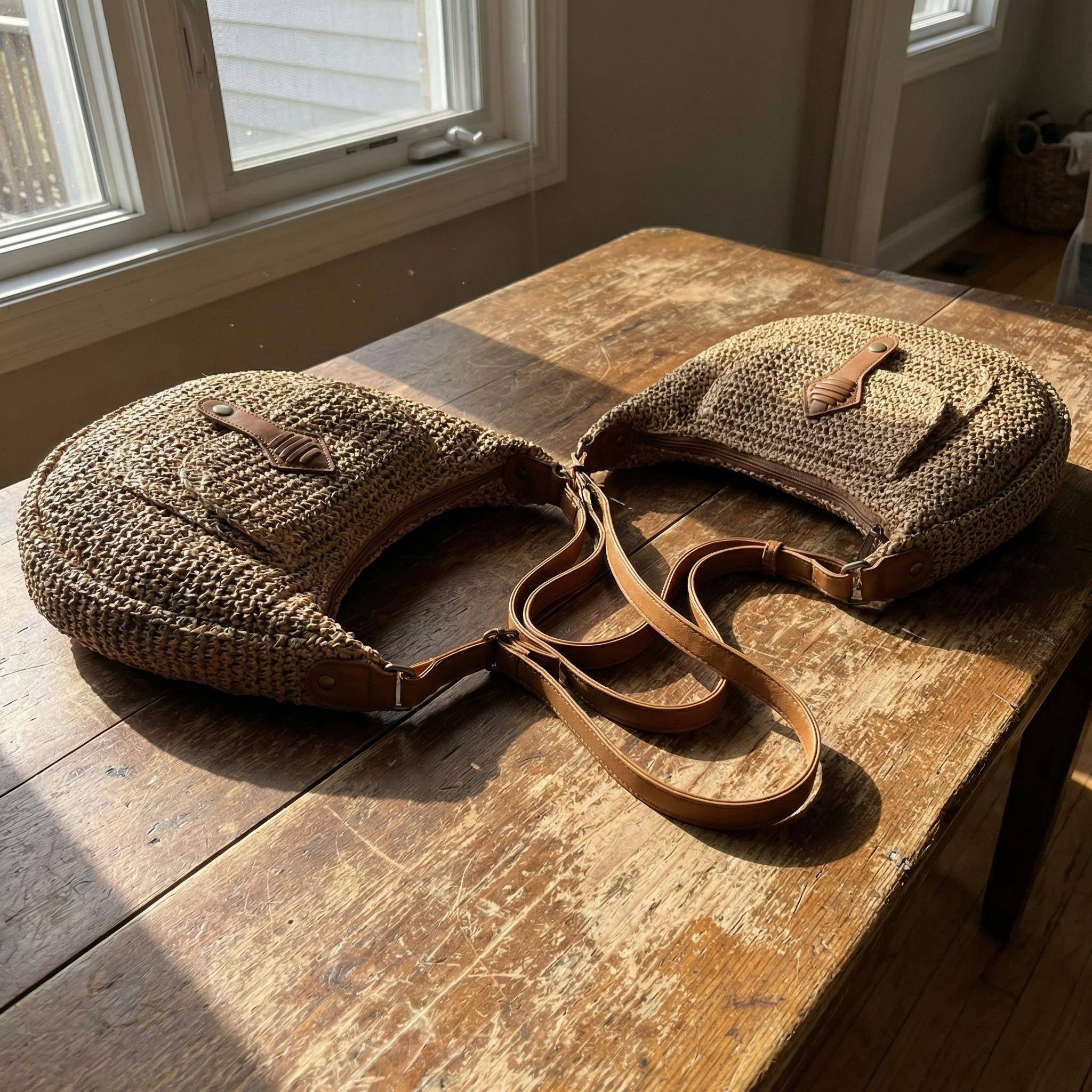 Woven Straw Shoulder Bag with Zipper Pocket, Brown Knit Finish