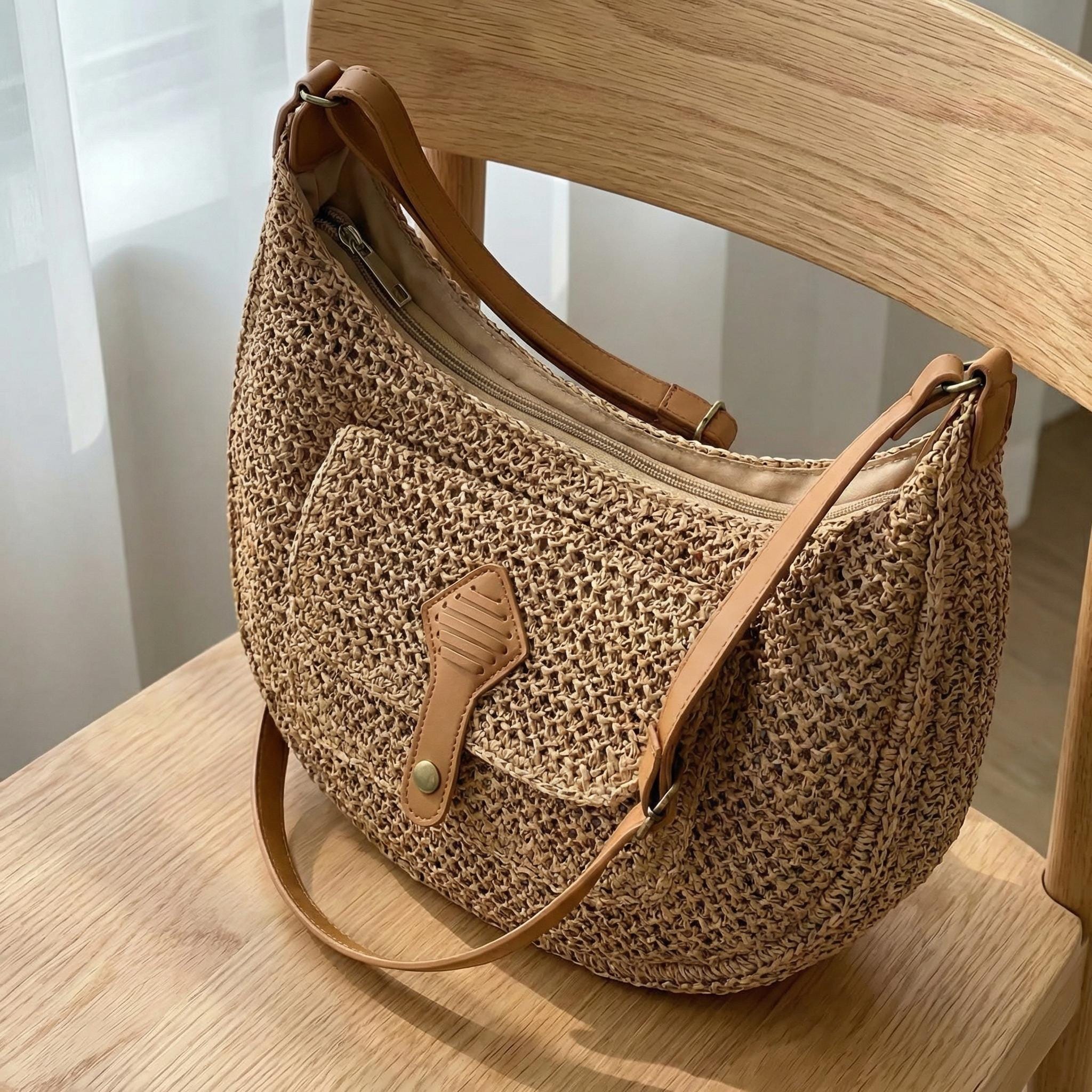 Woven Straw Shoulder Bag with Zipper Pocket, Brown Knit Finish