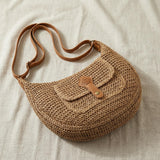 Woven Straw Shoulder Bag with Zipper Pocket, Brown Knit Finish