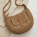 Woven Straw Shoulder Bag with Zipper Pocket, Brown Knit Finish