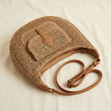 Woven Straw Shoulder Bag with Zipper Pocket, Brown Knit Finish