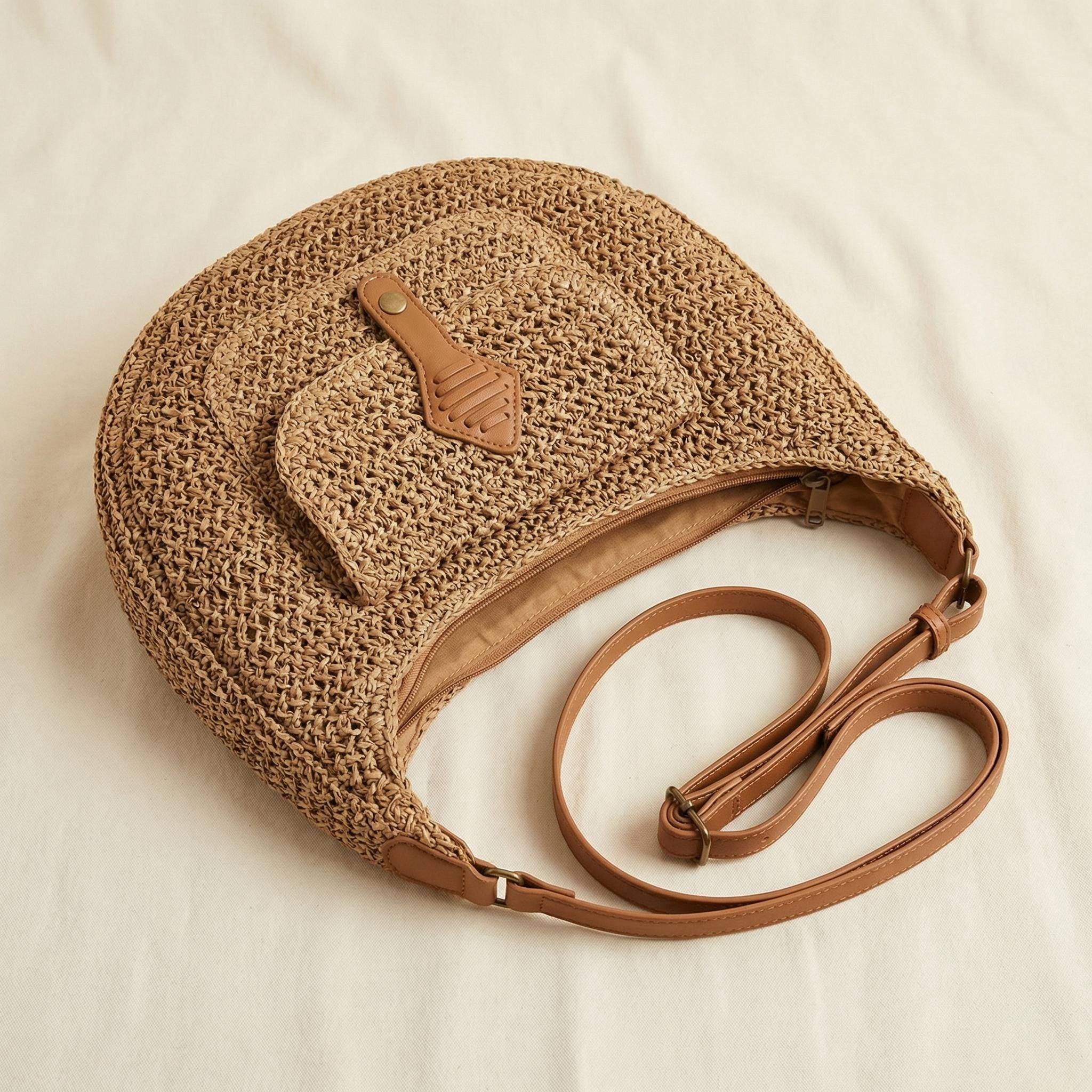 Woven Straw Shoulder Bag with Zipper Pocket, Brown Knit Finish