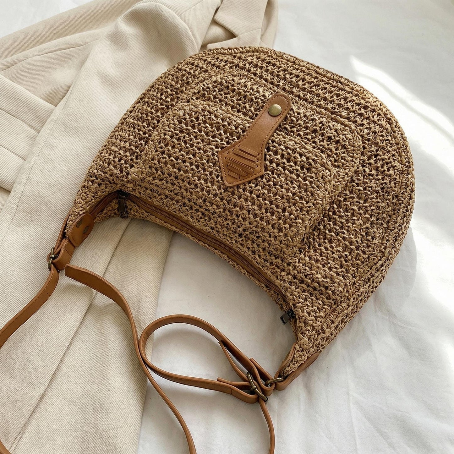 Woven Straw Shoulder Bag with Zipper Pocket, Brown Knit Finish