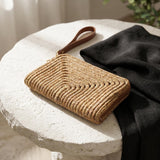 Woven Straw Clutch with Faux Leather Wristlet Strap, Brown Beach Vacation Bag