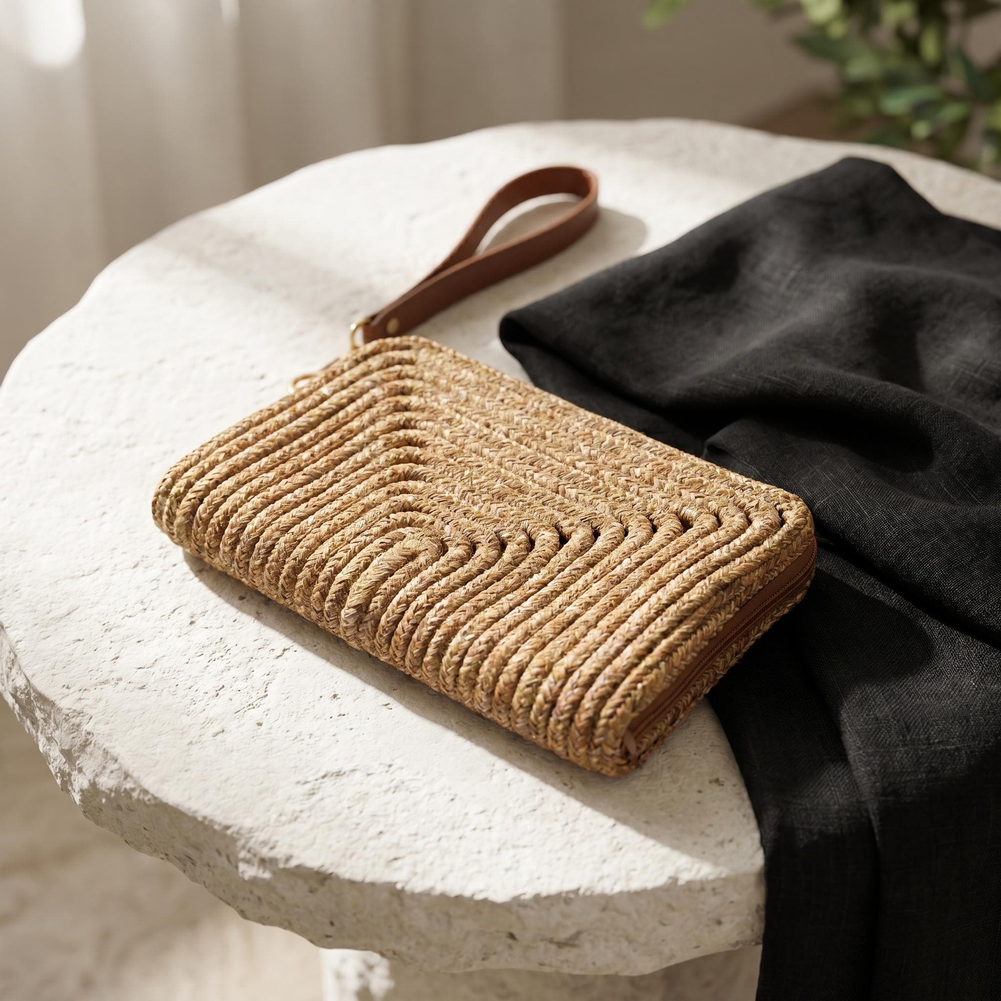 Woven Straw Clutch with Faux Leather Wristlet Strap, Brown Beach Vacation Bag