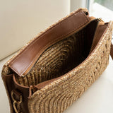 Woven Straw Clutch with Faux Leather Wristlet Strap, Brown Beach Vacation Bag