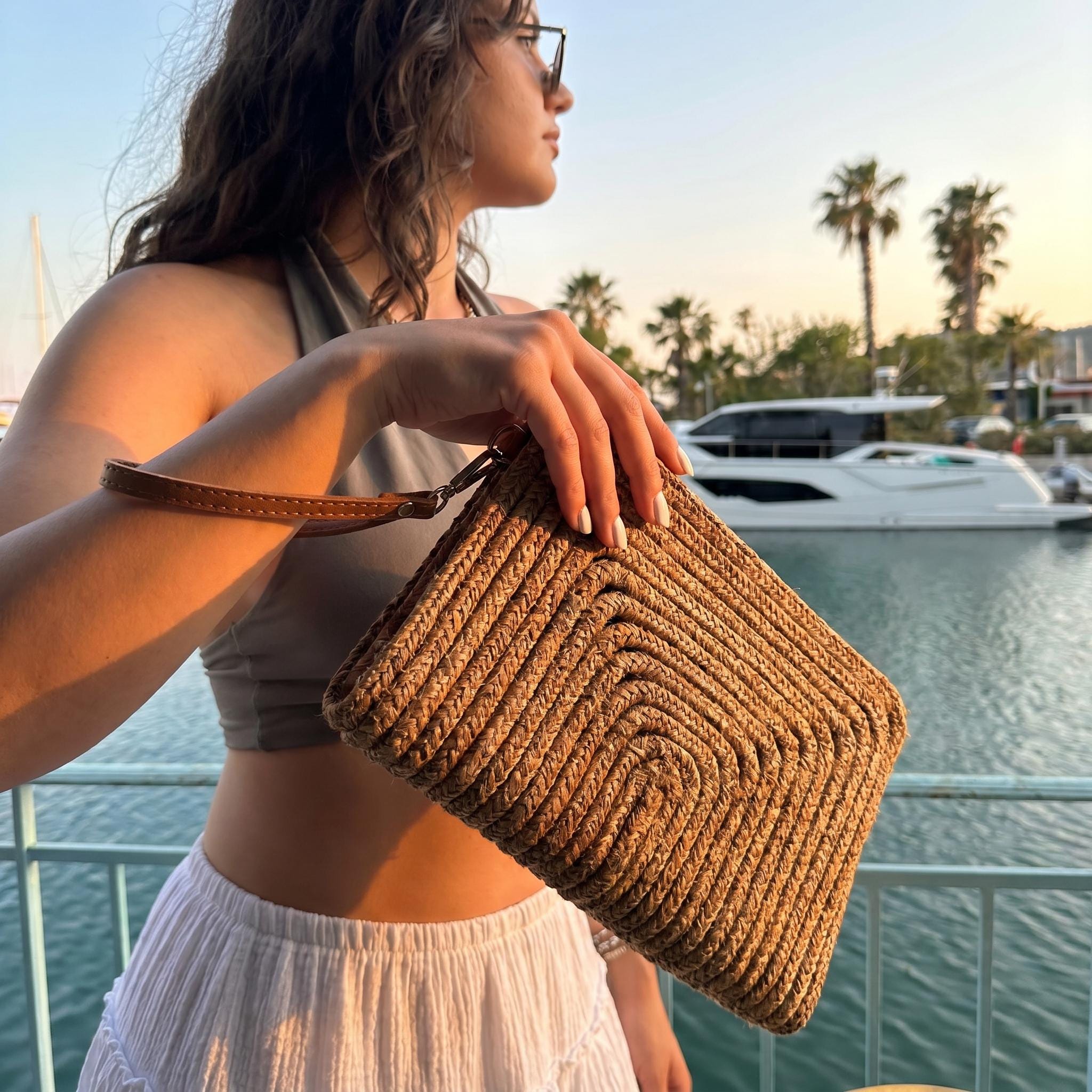 Woven Straw Clutch with Faux Leather Wristlet Strap, Brown Beach Vacation Bag