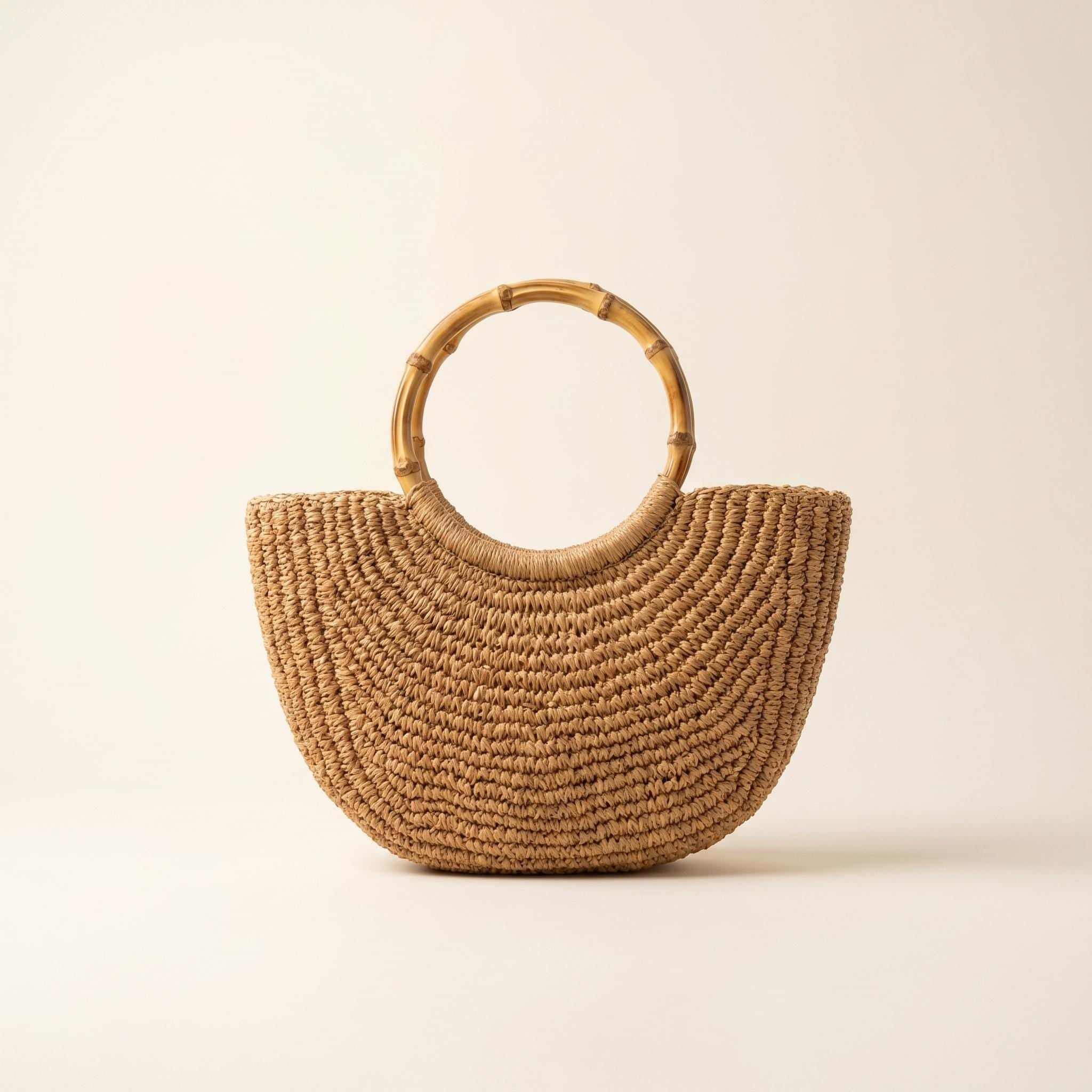 Half Moon Straw Bag with Bamboo Handle, Brown Woven Boho Mini Handbag