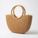 Half Moon Straw Bag with Bamboo Handle, Brown Woven Boho Mini Handbag