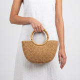 Half Moon Straw Bag with Bamboo Handle, Brown Woven Boho Mini Handbag