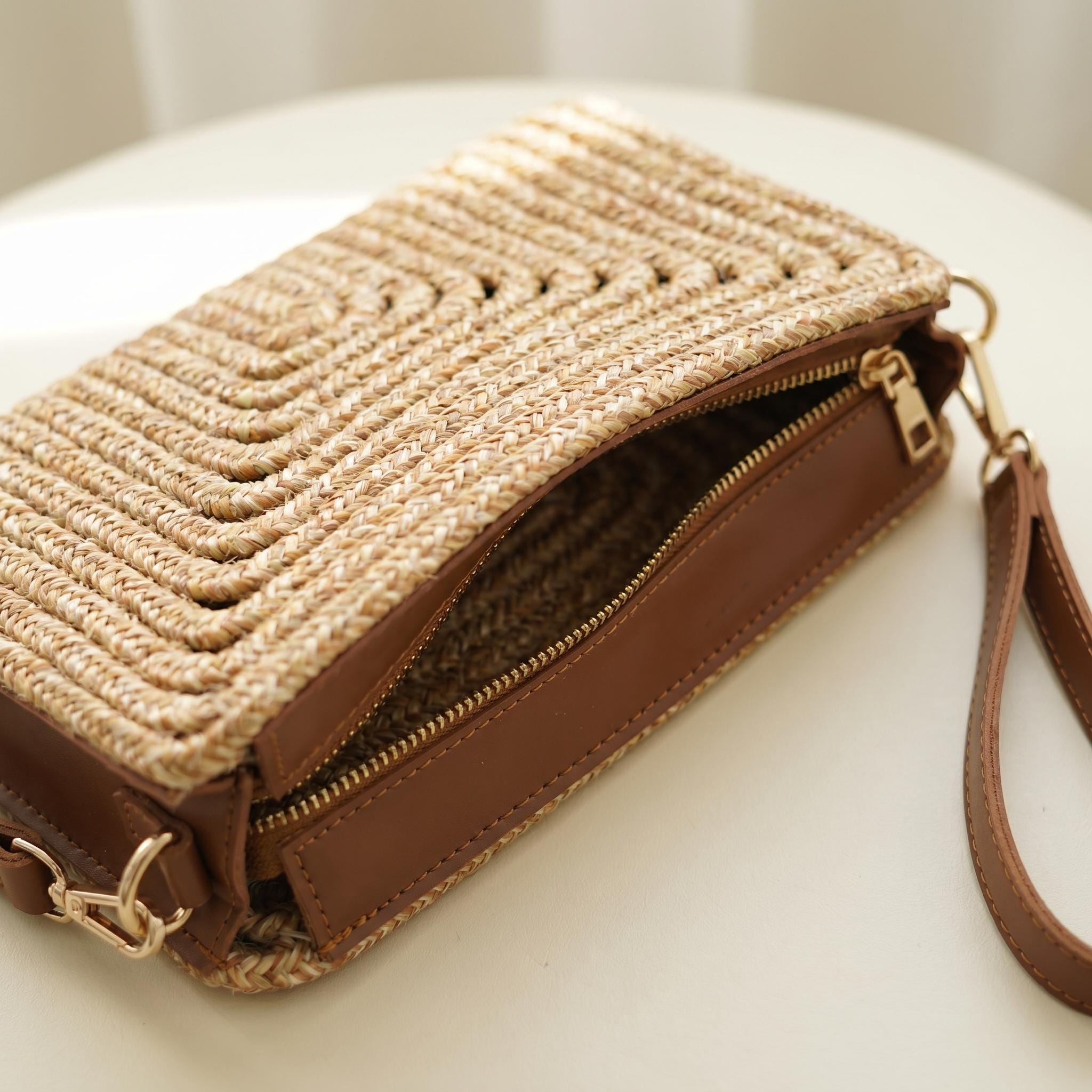 Woven Straw Clutch with Faux Leather Wristlet Strap, Brown Beach Vacation Bag
