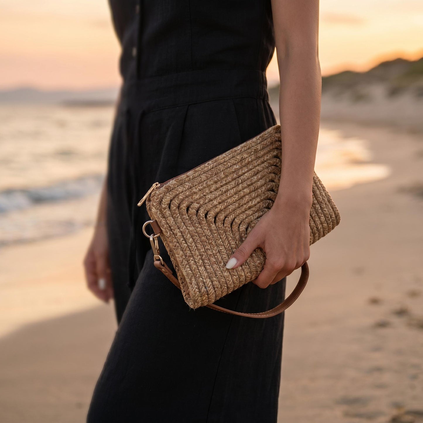 Woven Straw Clutch with Faux Leather Wristlet Strap, Brown Beach Vacation Bag