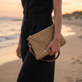 Woven Straw Clutch with Faux Leather Wristlet Strap, Brown Beach Vacation Bag