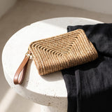 Woven Straw Clutch with Faux Leather Wristlet Strap, Brown Beach Vacation Bag